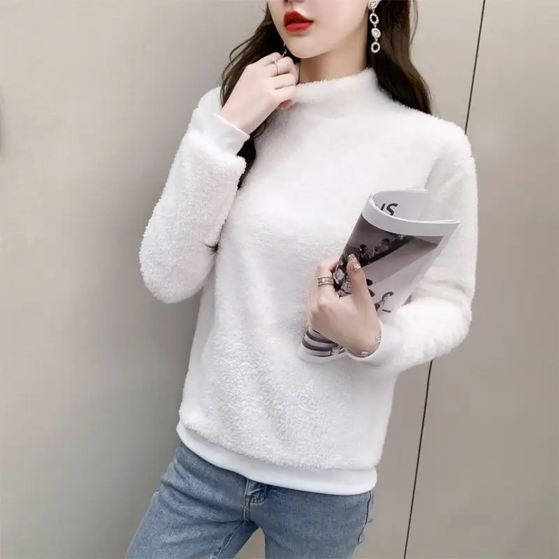 Autumn Winter New Fashion Long Sleeve Half High Collar Solid Coral Fleece Women's Clothing Bottoming Shirt Korean All-match Tops