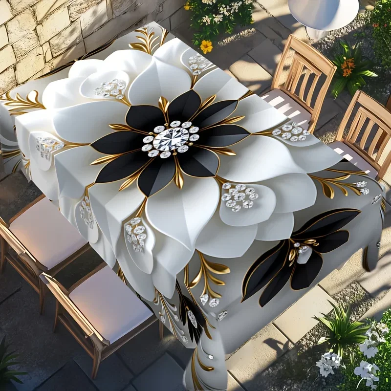 1 Stück luxuriöse schwarz-goldene Tischdecke mit Blumenmuster, rechteckige Tischdecke aus bedrucktem Polyester.PMJ – Detail 1