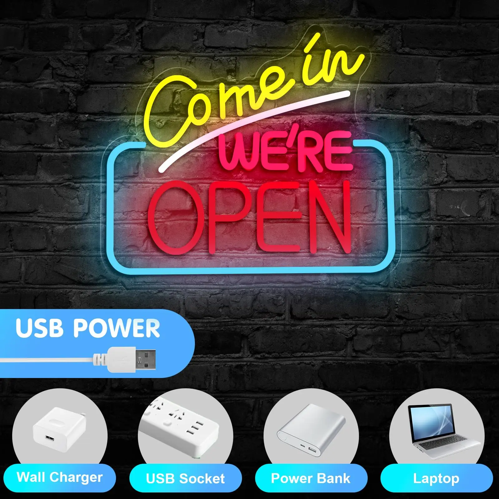 Come In We're Open Neon Sign - LED Open Sign for Shop Window, Door, Business - Bright Dimmable Cafe/Bar/Pub Decor - CE Certified