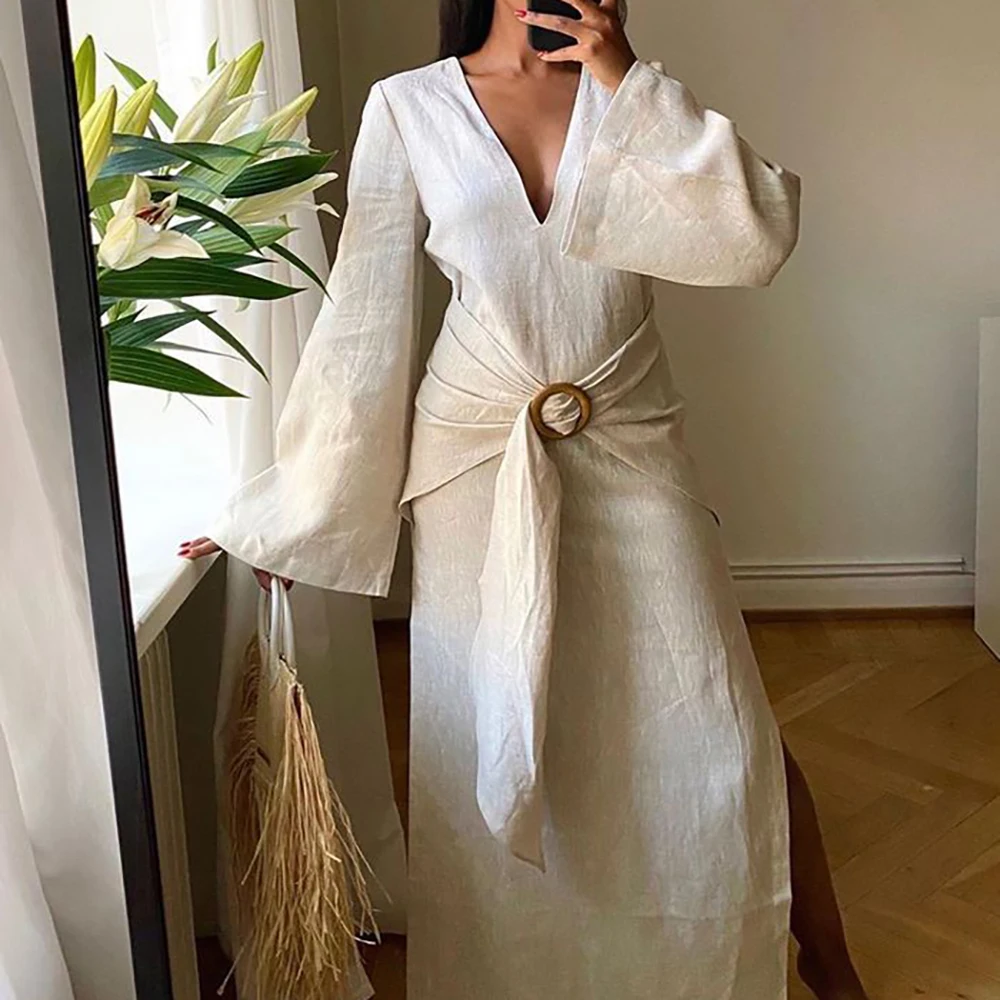 Boho Chic Lino Mujeres Maxi Vestido de fiesta Mangas largas Escote en V con aberturas laterales Beach Resort Ropa simple Fiesta Vestido de noche para invitados