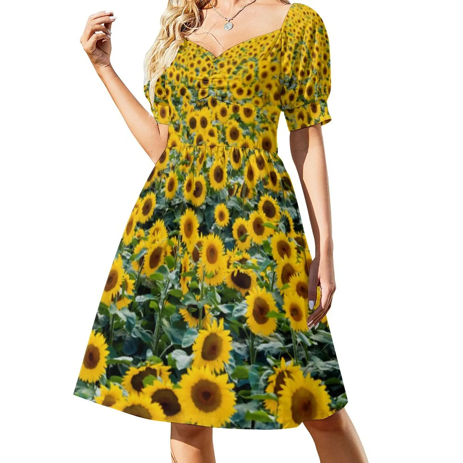 Field of Sunflower Casual Dress Yellow Flowers Print Korean Fashion Dresses Elegant Dress Ladies V Neck Oversized Clothes