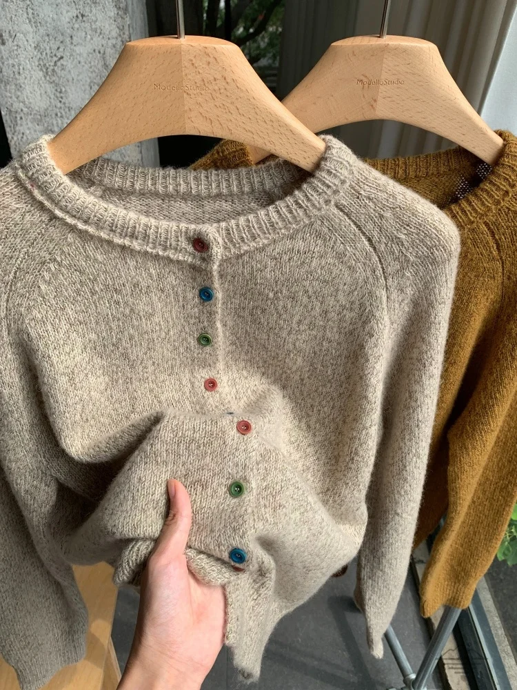 Birdtree, Kardigan Rajut 100% Wol Domba, Sweater Wanita Retro Kerah O Lengan Panjang, Atasan Musim Gugur Musim Dingin 2025, Beige, Kuning T5O816JF