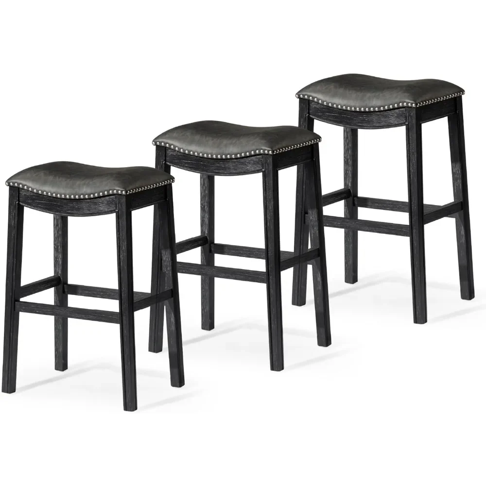 

Adrien Backless Bar Stool, Set of 3, 31 Inch Saddle Seat with Footrest, Black Solid Wood Frame & Grey Faux Leather Upholstery