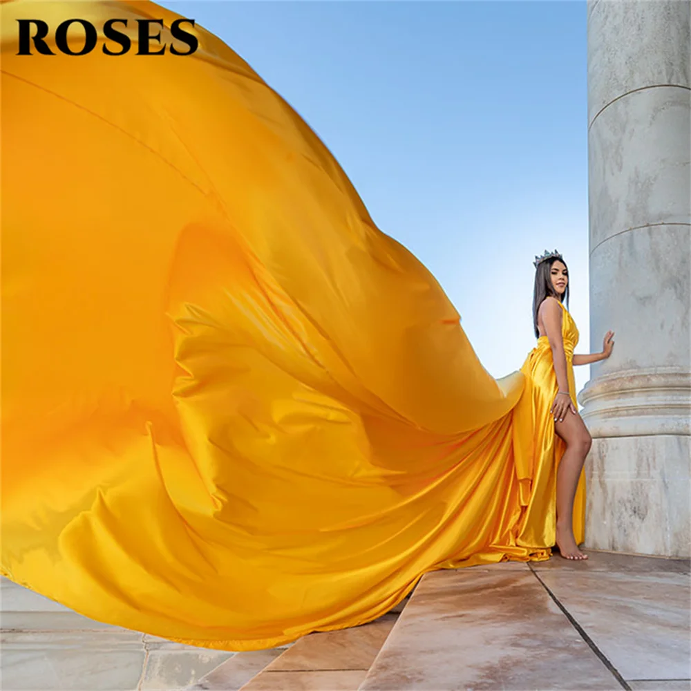 

ROSES Yellow A Line Evening Dress Long Train Satin Party Dress Halter vestidos de fiesta Sexy Open Back Prom Gowns Customized