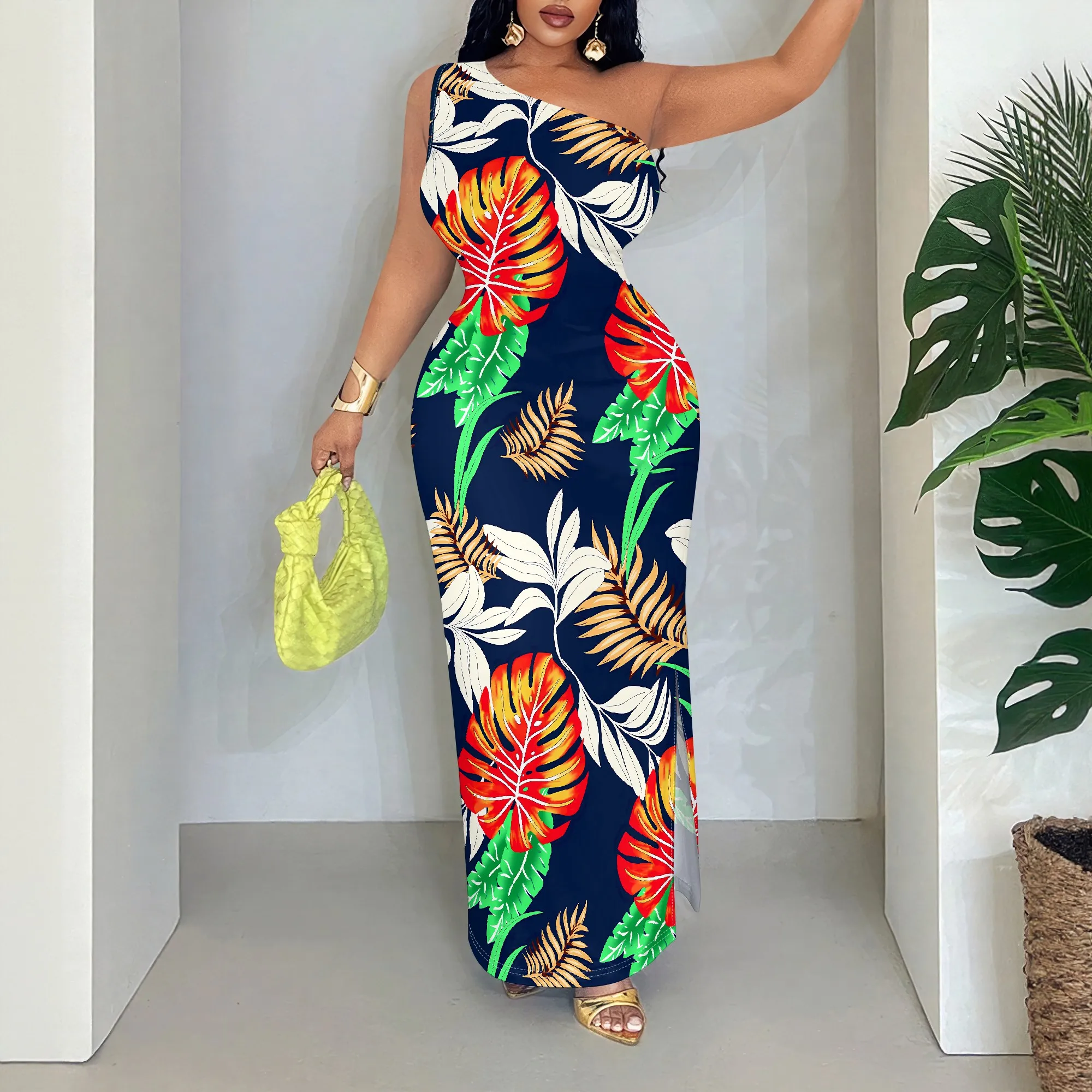 

Tropical Leaf Print Dress, Sleeveless Asymmetric Neck Maxi Dress, Ruched Bodycon Party Gown for Women S-2XL