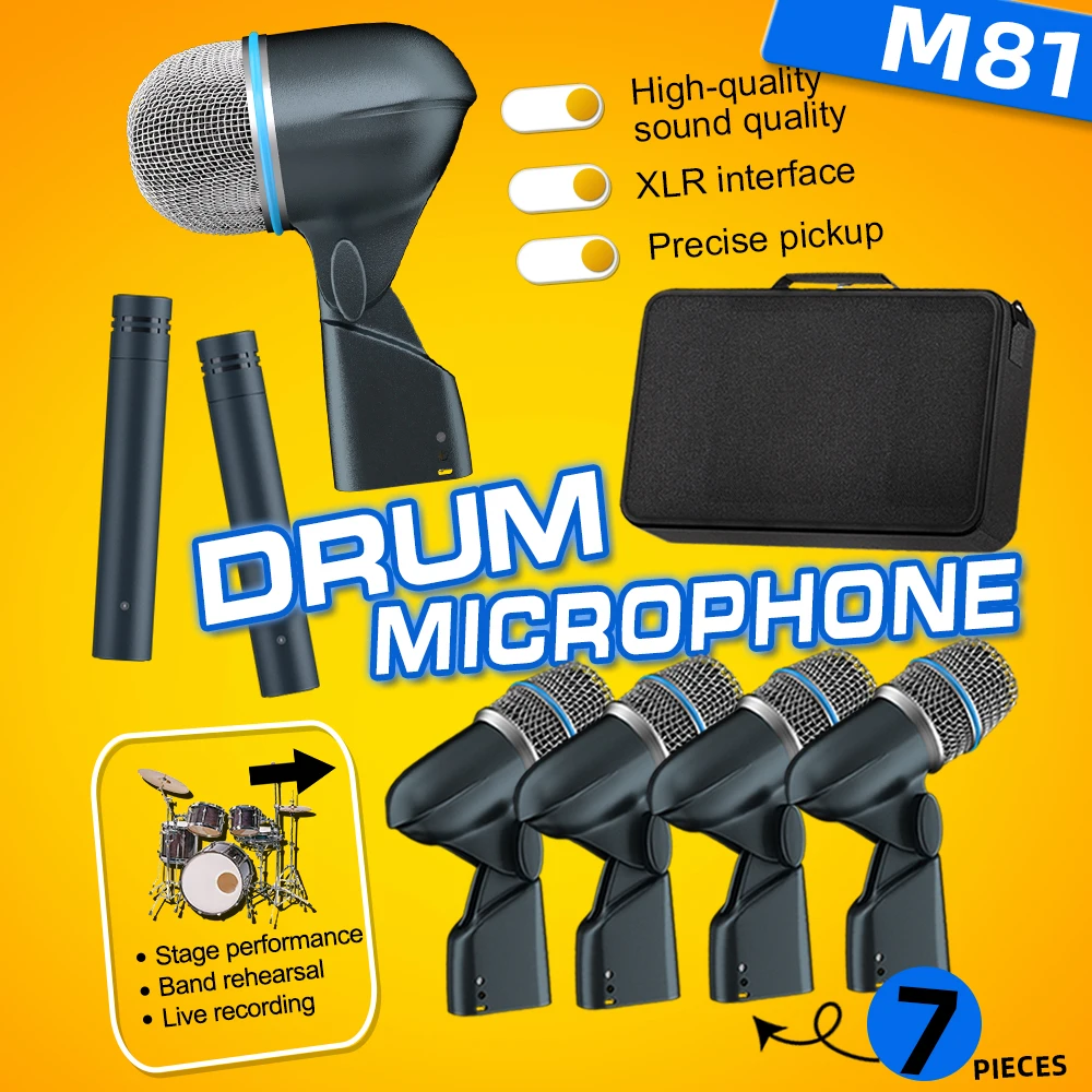 Micrófono de Batería de 7 Piezas, Serie BETA 52A 56A, Micrófono para Actuaciones en Vivo, para Bandas, DJ, Escenario, Grabación Instrumental en Vivo, con Estuche