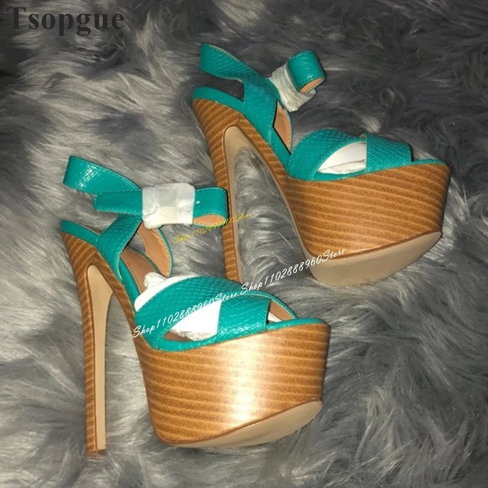 

Peacock Blue Wood Print Platform Sandals Stilettos High Heel Women Shoes Ankle Buckle Strap Open Toe 2024 Zapatos Para Mujere