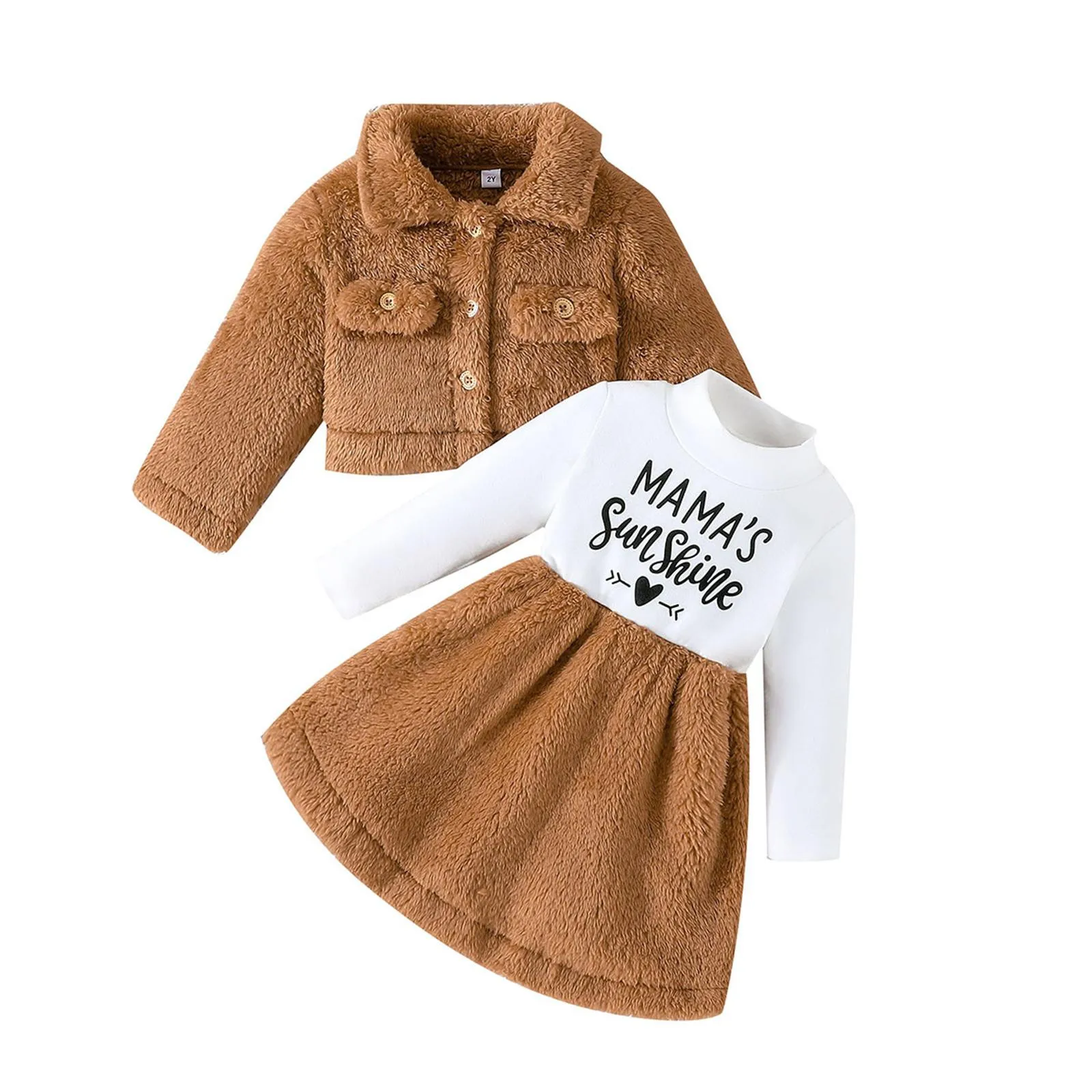 2-6Y autunno inverno risvolto moda cappotto lettera stampa manica lunga Pullover vestito 2 pezzi in pile peloso abiti per bambini vestiti della