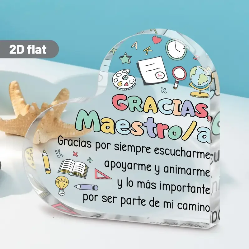 Apreciación de los maestros de acrílico plano 2D en forma de corazón - Diseño en español "Gracias Maestro/a" con iconos de aula, cumpleaños perfecto