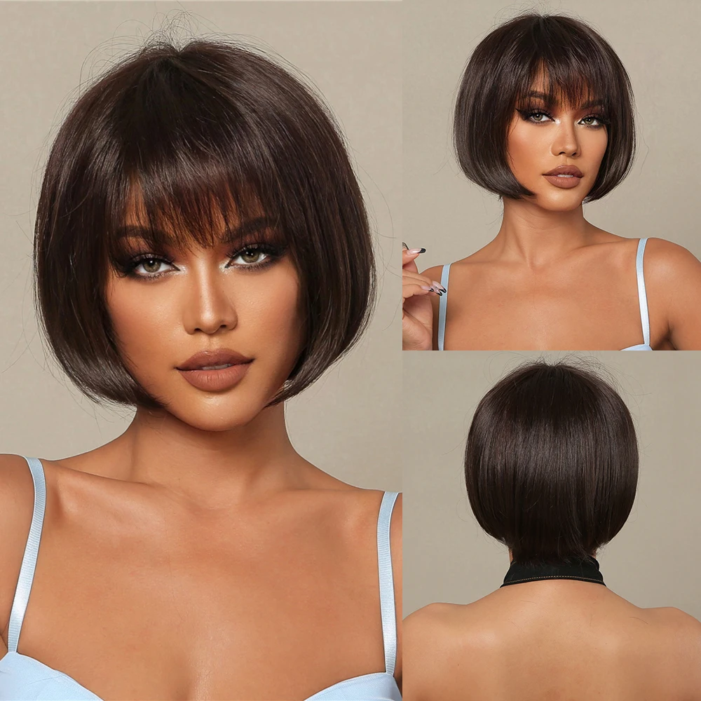 30% Human Hair Blend Synthetic Fiber Women Bob Short Wigs Natural Dark Brown Straight Wig Heat Resistant Daily Use Cosplay Wig