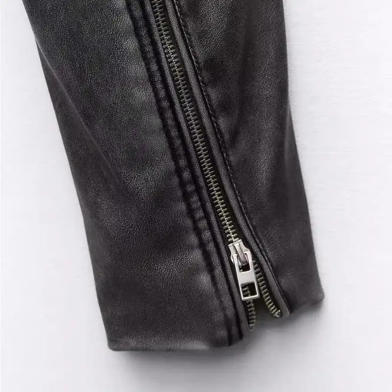 ヴィンテージレザーバイカージャケットショートスタイルフェイクレザーオートバイコートハイウエストデザインポリエステル繊維長袖ジッパー開閉