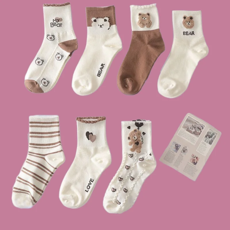 7/14 Pairs 2024 New Women's Middle-Tube Cotton Comfortable Socks Cute Student Sports Autumn And Winter Socks Brown Bear Socks