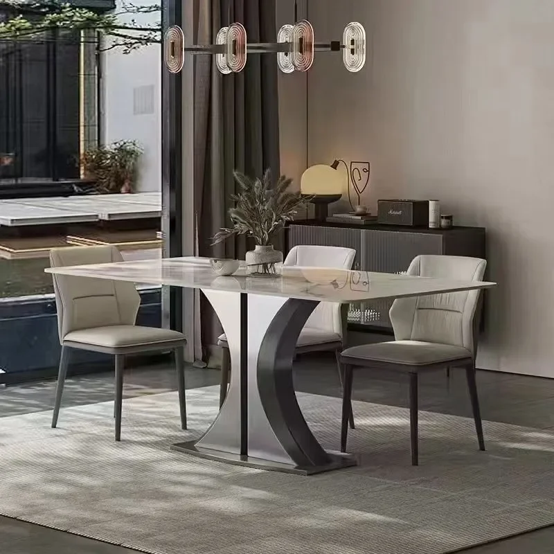 Small waist thickened rock slab dining table light luxury minimalist brushed stainless steel base modern style small apartment