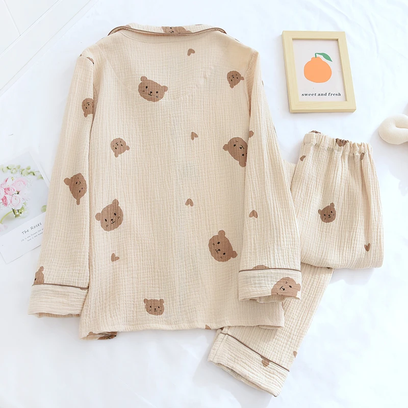 Spring Summer Autumn Couple Pure Cotton Cute Pajamas Set Sleepwear Female Long Sleeve Pijama Suit Loungewear Crepe Ladies Pyjama