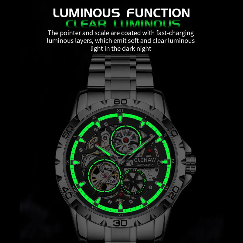 GLENAW Steampunk Skeleton Men's Watch Ring Luxury Automatic Mechanical Watches Luminous waterproof Stainless Steel Strap Watch