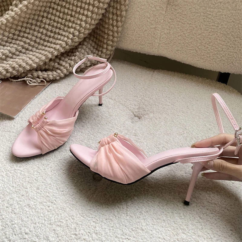 

Женские розовые сетчатые босоножки Aneikeh на высоком каблуке с драпировкой, ремешком на щиколотке, на шпильке, с открытым носком, для вечеринок и торжественных мероприятий