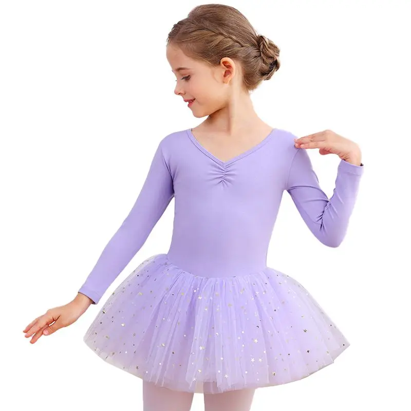 Girls Ballet Dress Long Sleeve Dancer Leotards Tutu Dress Princess Gymnastics Dancing Wear Kids Performance Chiffon Skirts