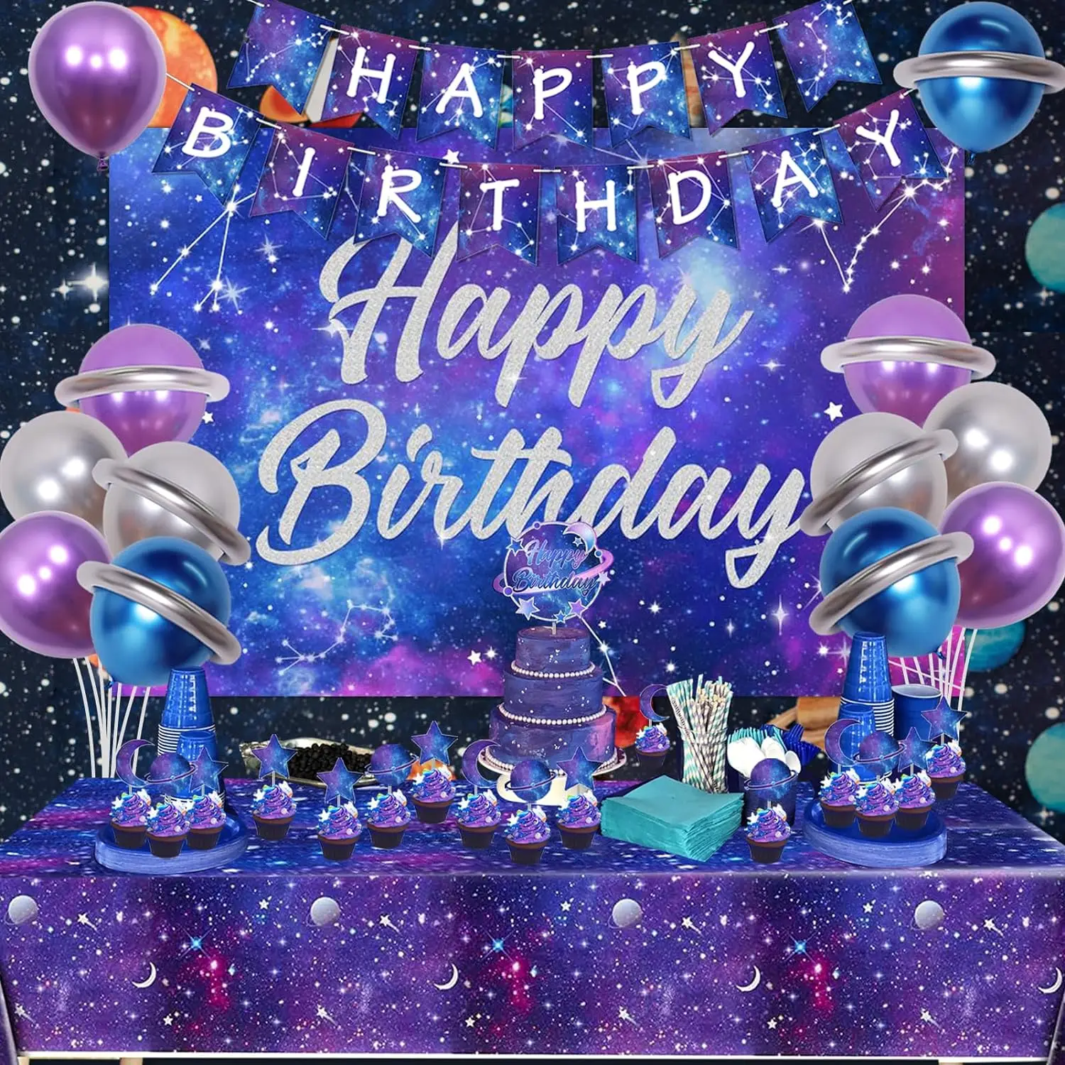 Galaxy Birthday Party Decor, Happy Birthday Backdrop, Tablecloth Banner, Cake Topper, Starry Space, Outer Space