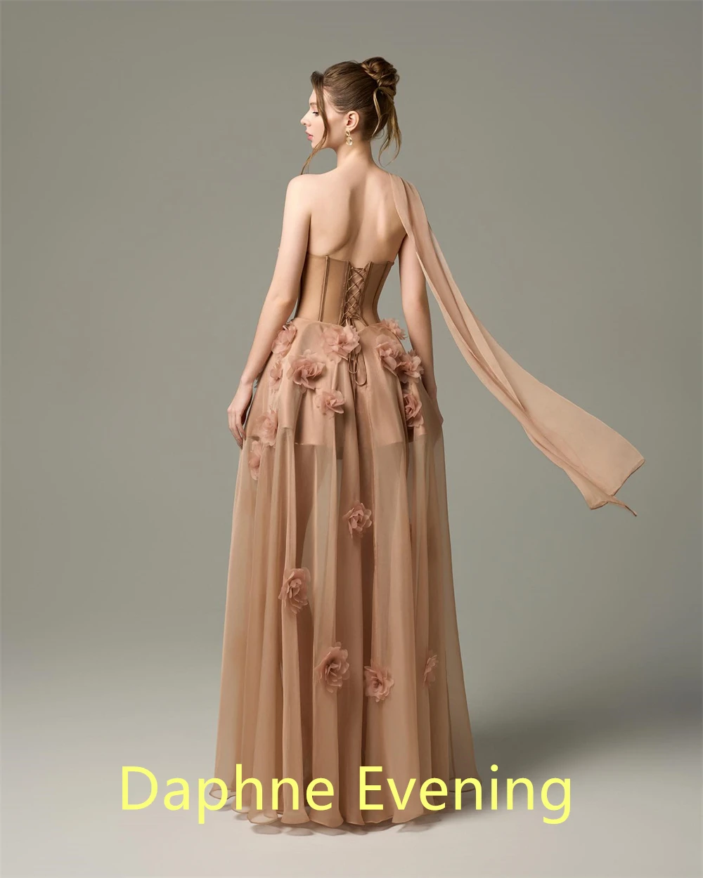 Robe de soirée en mousseline de soie Champagne délicate, personnalisée, sans bretelles, sans manches, robes de célébrité, fleurs, robe de soirée à lacets