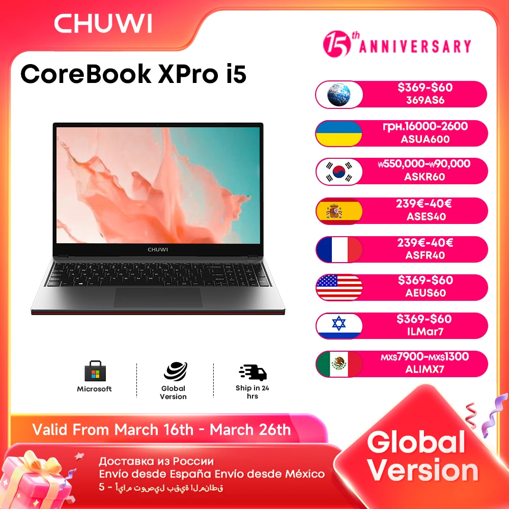 CHUWI CoreBook XPro 15,6-calowy laptop do gier 16 GB RAM 512 GB SSD Ekran IPS Dziesięć rdzeni Intel i5-1235U Core UP do 4,40 GHz Notebook