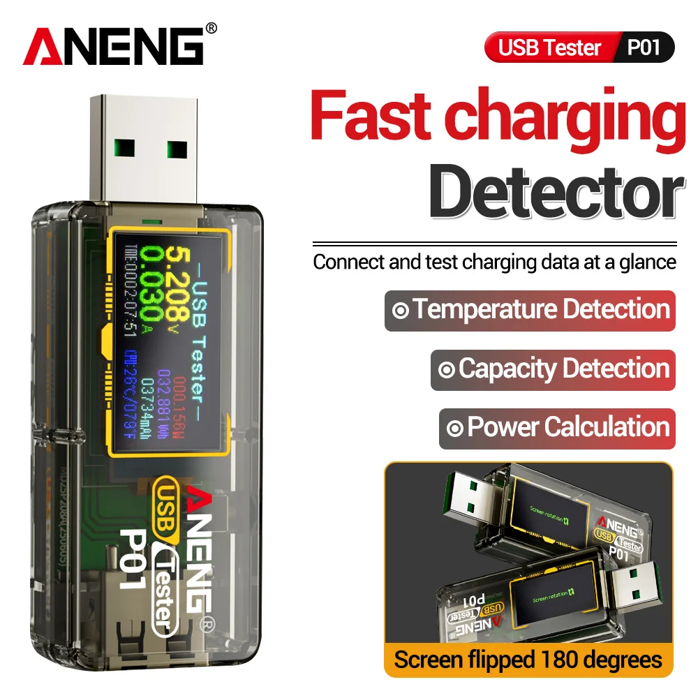 Mini Testador Digital USB ANENG P01 Tipo-C Monitor de Carga Rápida PD Medidor de Capacidade de Bateria Power Bank DC 4-32V Amperímetro com Memória de Desligamento