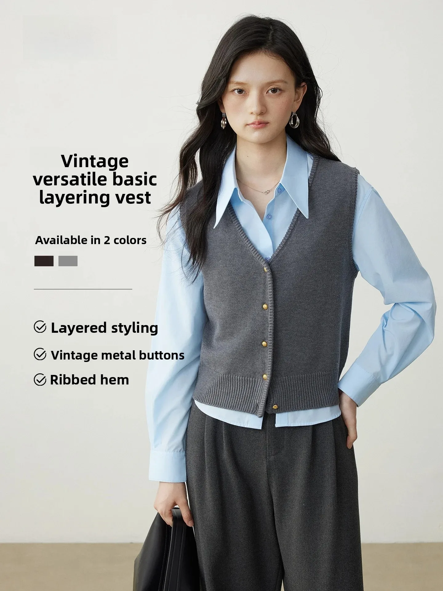 Yake Home South Courtyard Vintage Knitted Sweater Vest Layering Basic Versatile Women's Loose Fit V-Neck Button-Up Top