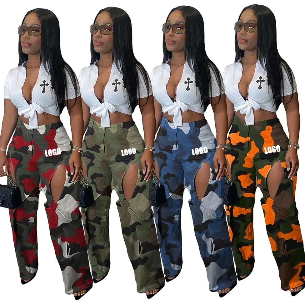 

Customized LOGO New European and American Fashion Casual Camouflage Ripped Cross Tooling Straight Pants
