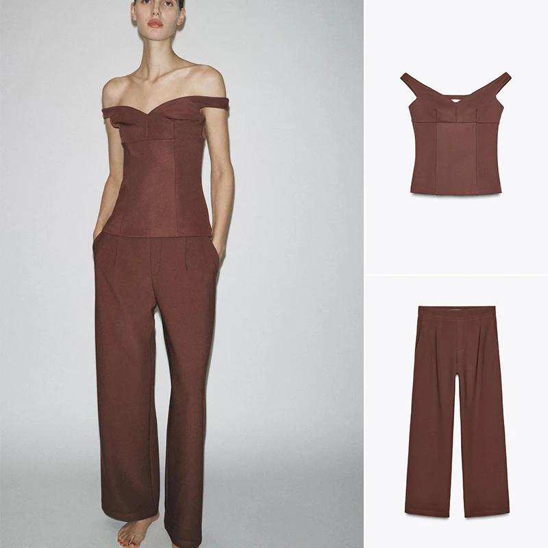 

Comfortable Casual Wide Leg Pants V-Ne oulder Bared ort Top Polyester Fabric Long Pants Spring Faion Set for Young Women