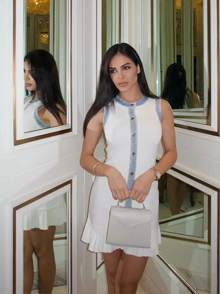 

2025 New Women's White Knitted Stretch Denim Dress Sleeveless Ruffled Hem Pleated Summer Tight Beach Party Casual Elegant Dress