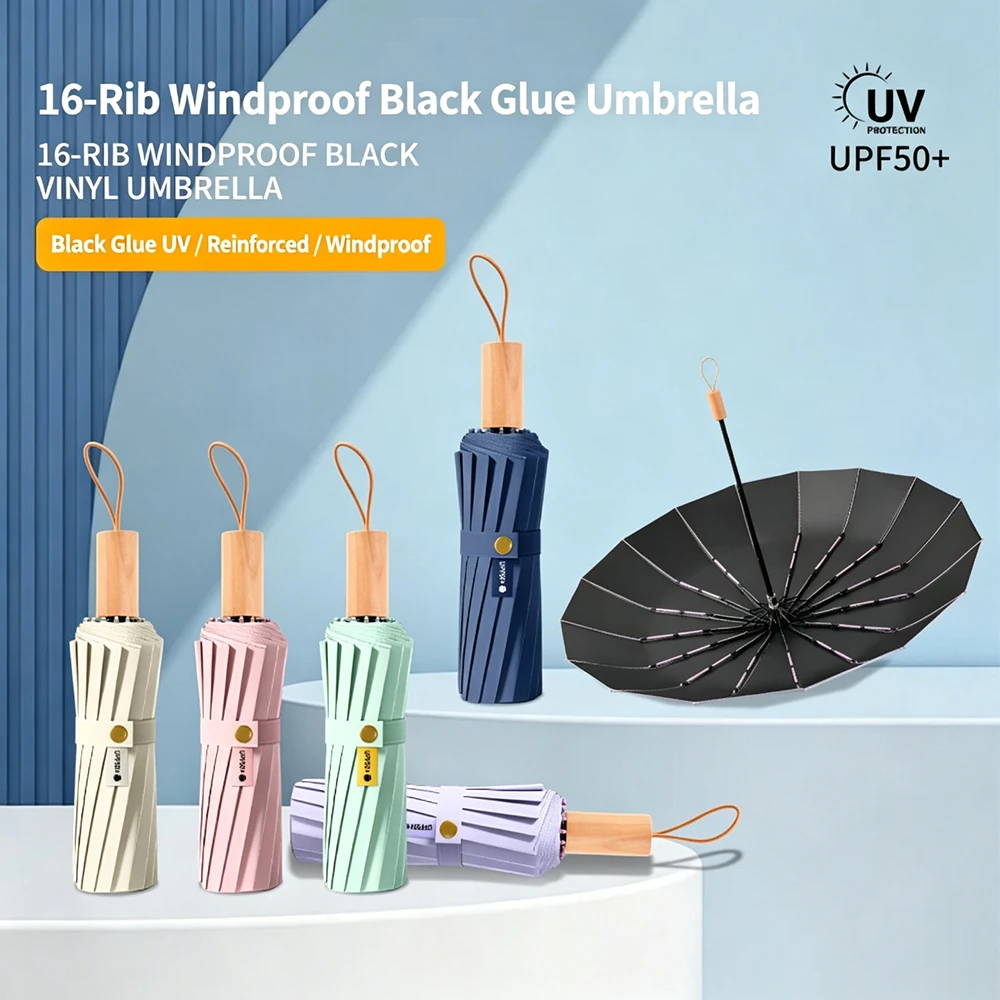 Black Glue Umbrella UPF50+ UV Protection Windproof Wood Handle sun rain dual use Foldable stormproof parasol women sun umbrella