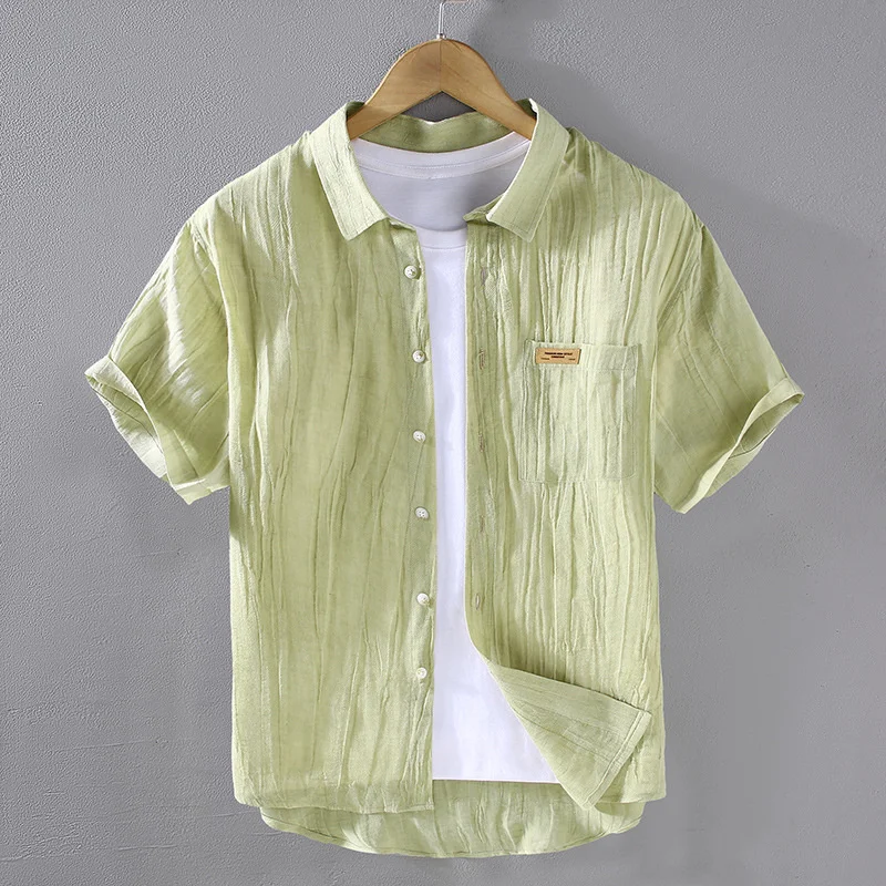 

Linen Shirts for Men Summer Solid Color Male Korean Style Urban Casual Short Sleeve Shirt Blouse Tops Comfortable Soft Wrinkles