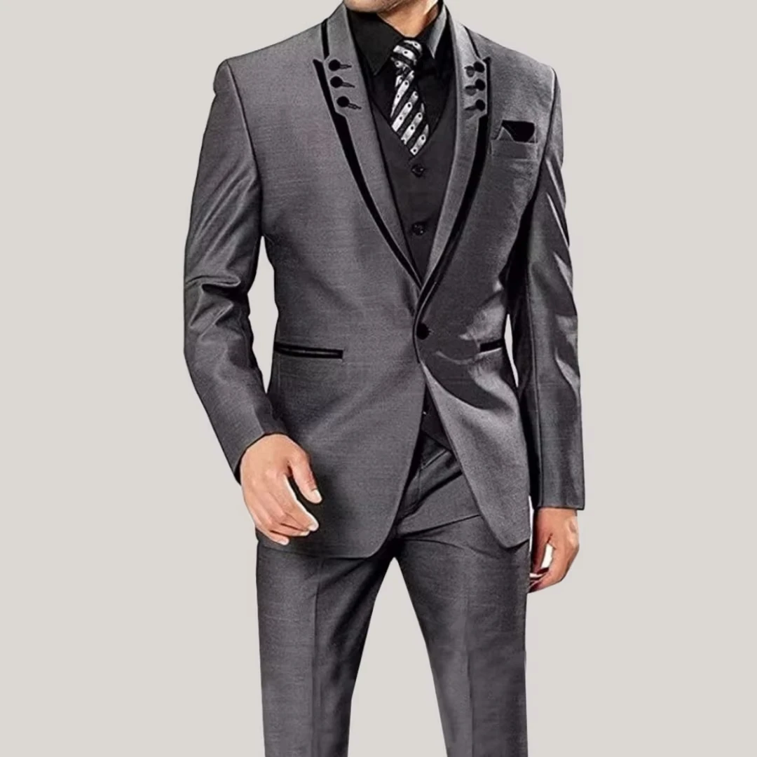 

Men Suit 3 Piece Gray Single Button With Black Ruffle For Wedding Groom Banquet Birthday Work Tuxedo Jacket Vest With Pants