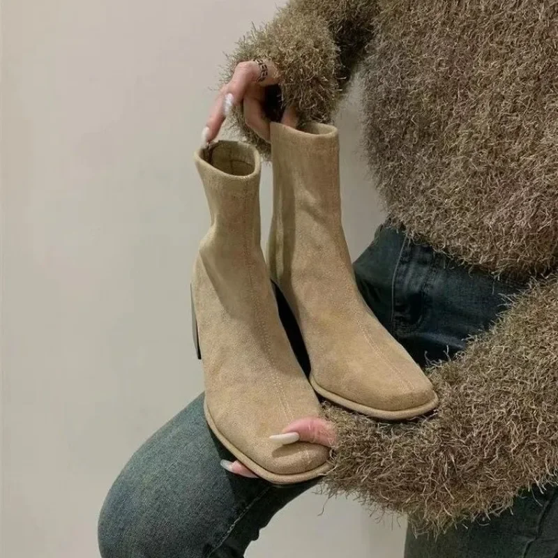 Enkellaarsjes Voor Dames Lente Herfst Grijs Zwart Damesschoenen Chunky Middelhak Suède Korte Botas Vierkante Teen Back Zip Botines