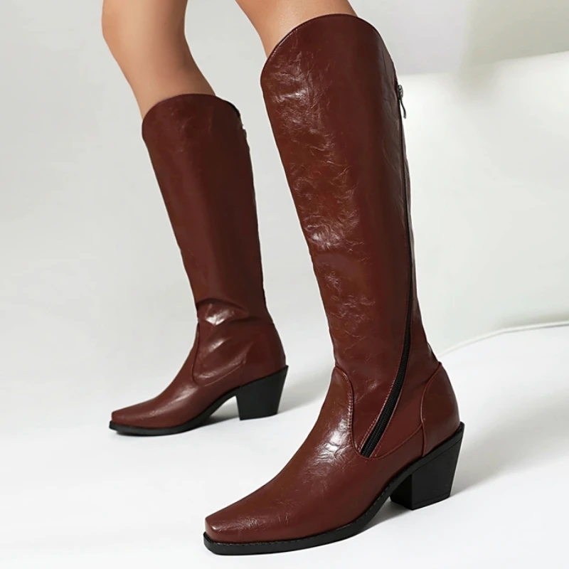 

Сапоги до колена на молнии, зимне-осенняя обувь, женские высокие ковбойские сапоги в западном стиле, черные, белые, белые, длинные женские туфли, большой размер 47