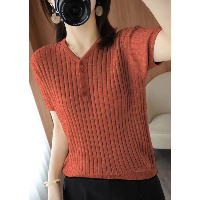 Women Fashion Elegant Simple V Neck Short Sleeve Ribbed Knitted T-shirt 2024 Summer Casual Solid Basic Pullover Tops Ropa Mujer