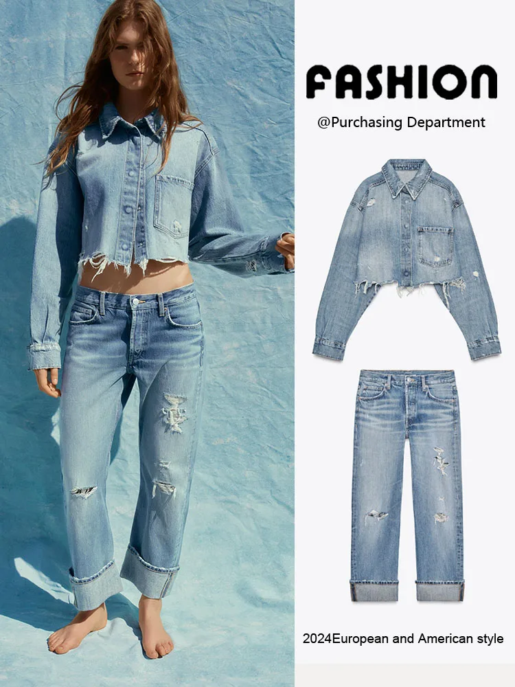 

Spring New Arrival Women's ort Jaet Straight Leg Denim Jeans Faionable Two-Piece Set Long Sve Collar Button Clo...