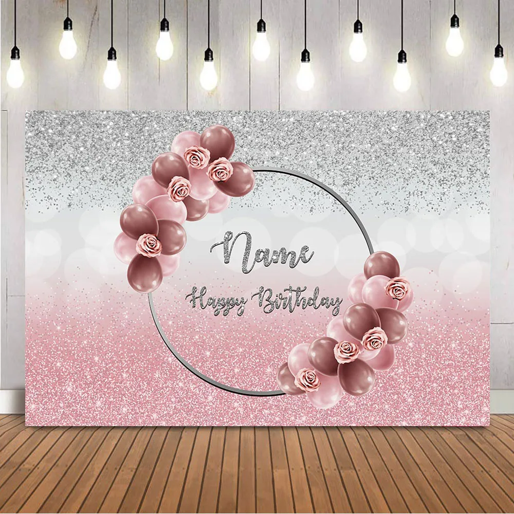 

Customize Name Birthday Backdrop Sliver Glitter and Pink Background for Photo Studio Burgundy Red Balloons Photocall Vinyl Cloth