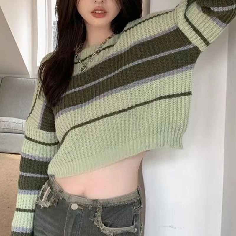 Women's Trendy Contrast Color Striped Chic Sexy Crop Tops Y2K Streetwear Female O Neck Long Sleeve Slim Pullover Knitted Sweater