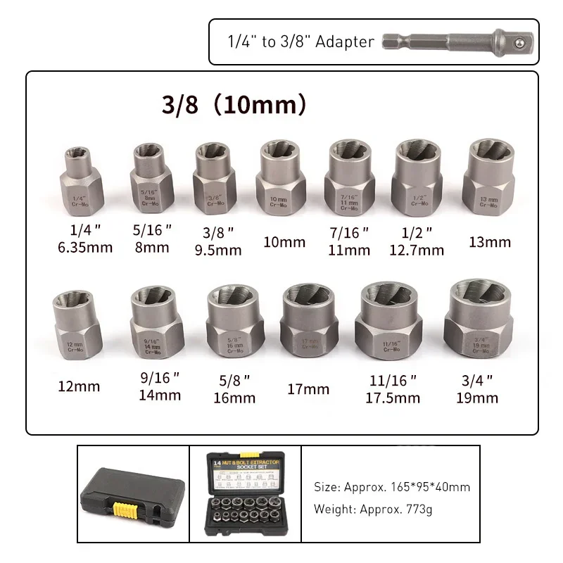 Impact Bolt Nut Extractor Set 13pcs Lug Nut Remover Kit 1/4”-3/4”Twist Socket Tool Set With A 1/4”Hex Drive 3/8”With Storage Box