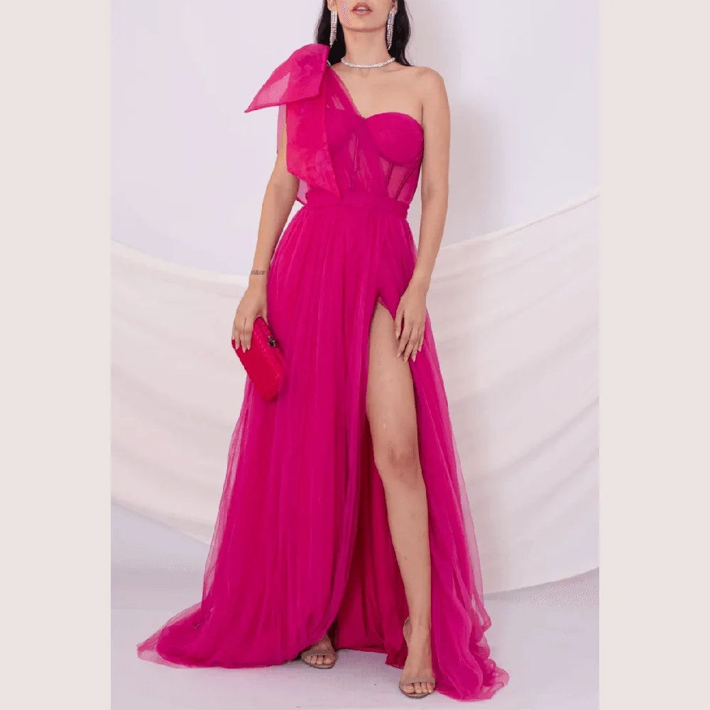 

Msikoods Fuchsia Evening Dresses Elegant Slit Party Dress Floor Length A Line Women Formal Wedding Guest Dress 2025 Customized