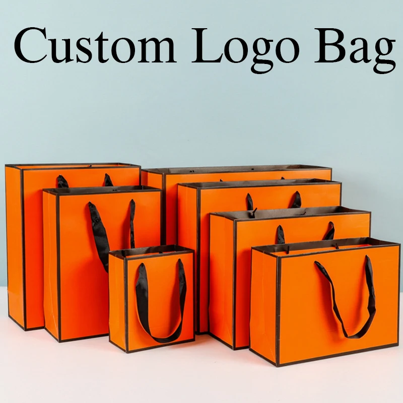 10 Pcs Custom Logo Paper Package Orange Bag Christmas Gifts Bags Wedding Gifts Package Bags Clothes Package Bags Brides Bags