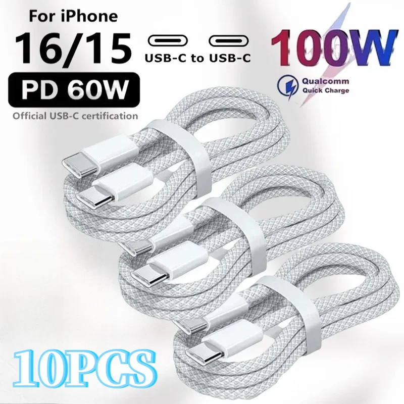 100W USB C to C Super Fast Charging 10PCS Cable Braided  Type C Cord For iPhone 16 17 Samsung Galaxy Xiaomi Huawei Phones