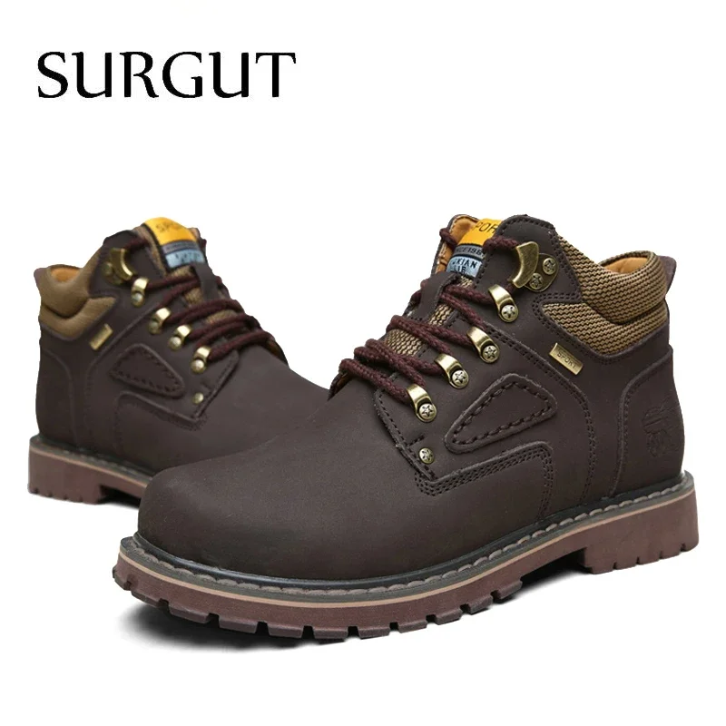 SURGUT Winter Men Leather Working Boots Classic Men Warm Fur Snow Boots Outdoor Brand Men Motorcycle Boots Lace Up Tooling Shoes