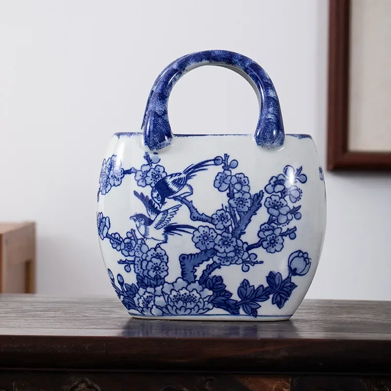 Ceramic Vase Handbag Blue and White Porcelain Hand-made Ceramic Flower Vases Art and Craft Decoration Chinese-style Bag