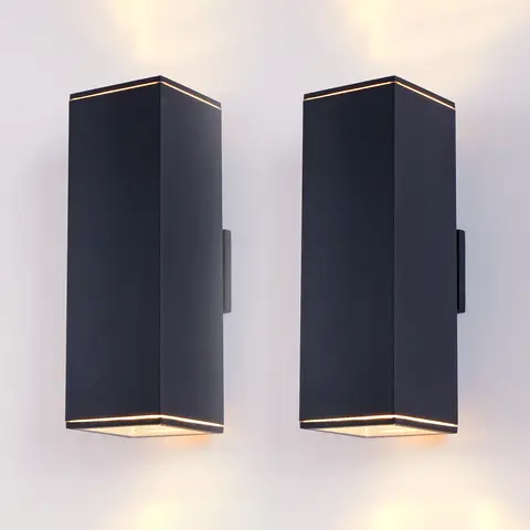 2 Pack Rectangular Outdoor Wall Light - Dual E26 Base, Sand Black Aluminum & Tempered Glass All-Weather Sconce for Garden