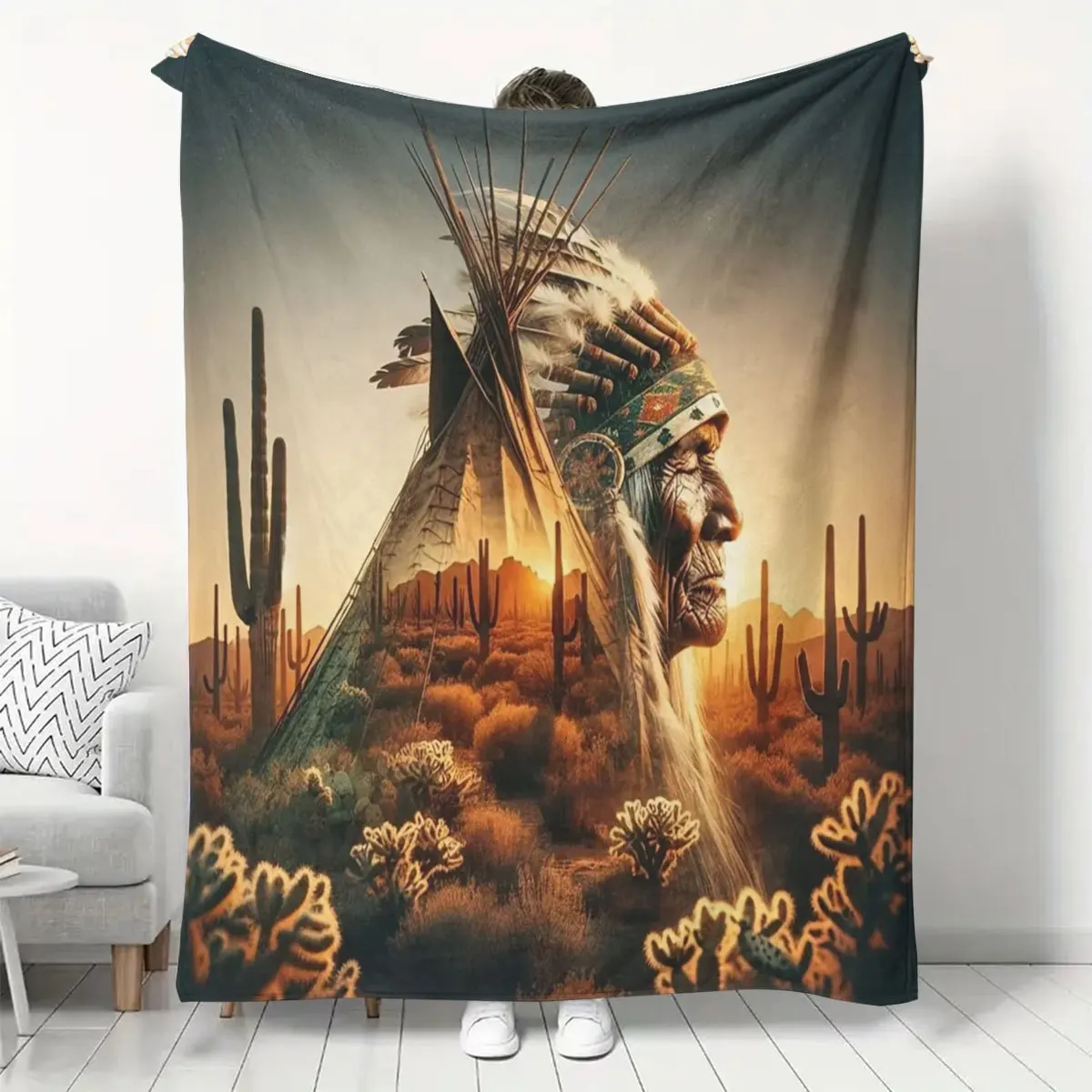 Vintage Southwest Tribal Chief Desert Cactus Teepee Sunset Landscape Pattern Flannel Blanket Warm Cozy Printed Throw Blanket