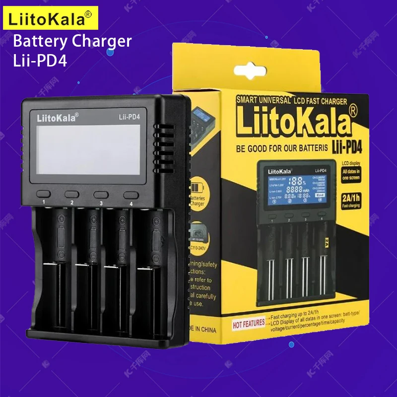 

LiitoKala Lii-PD4 LCD Battery Charger For 18650 26650 21700 18350 AA AAA 3.7V/3.2V/1.2V/1.5V Lithium NiMH