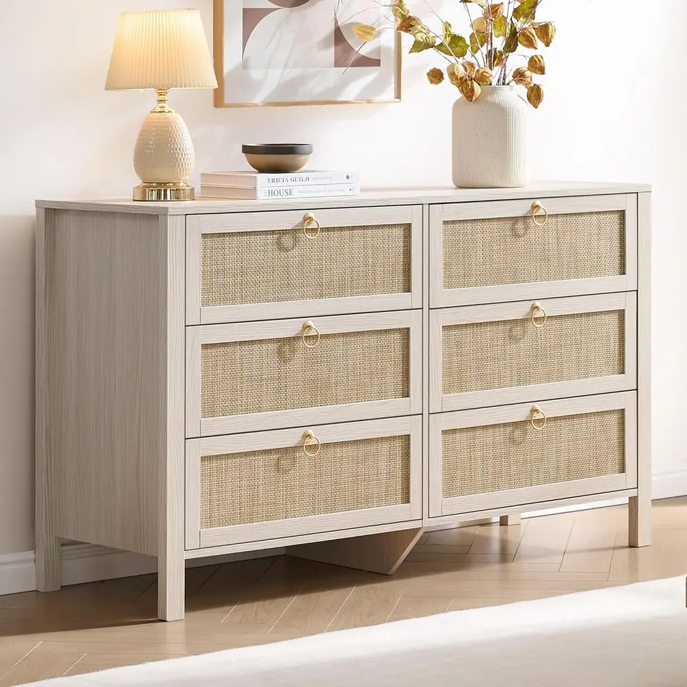 

6-Drawer White Bedroom Chest with Large Storage, Boho Style Tall Dressers for TV Stand in Living Room, Hallway