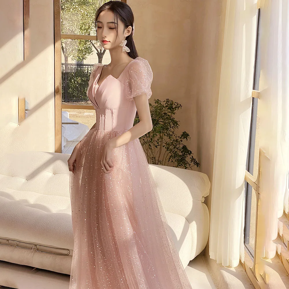 Pink Bridesmaid Dresses for Women Long Puffy Sleeve Corest Tulle Evening Dress for Wedding Guest Square Neck вечернее платье