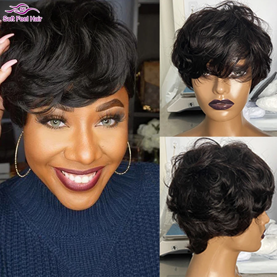 Short Wavy Pixie Cut Wig Human Hair Wig with Bangs for Women Full Machine Made Wigs(6 Inch 150% Density)